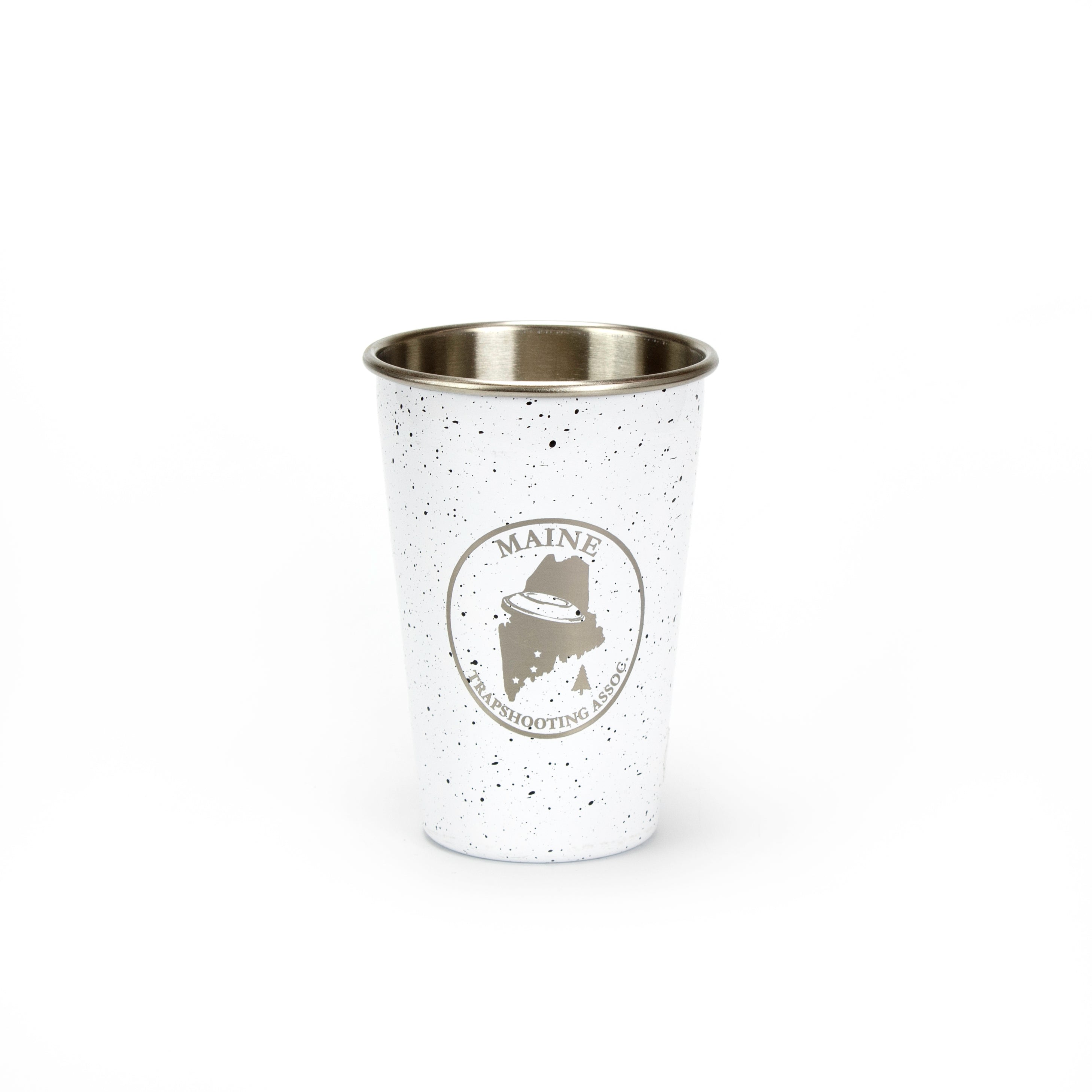 The White Festival Cup by Prize Possessions is a white, speckled stainless steel tumbler featuring the Maine Sporting Camp logo with a state outline and fish, perfect for festivals.