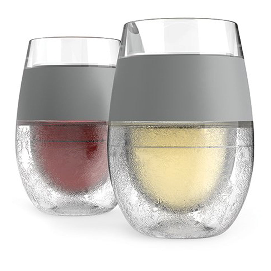 The Prize Possessions Wine Freeze Cooler Cup set of 2 features frosted, textured cups with gray silicone grips—perfect for keeping both red and white wine chilled and ready to enjoy.