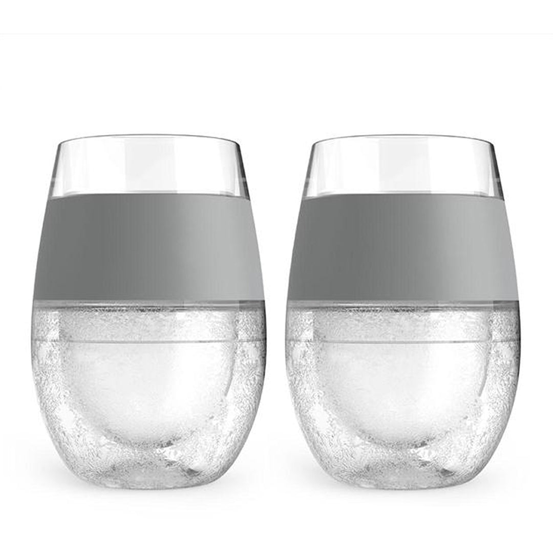 The Prize Possessions Wine Freeze Cooler Cup set includes two stemless cups with a frosted look and wide gray silicone grip bands, shown side by side on a white background—ideal for keeping wine perfectly chilled.