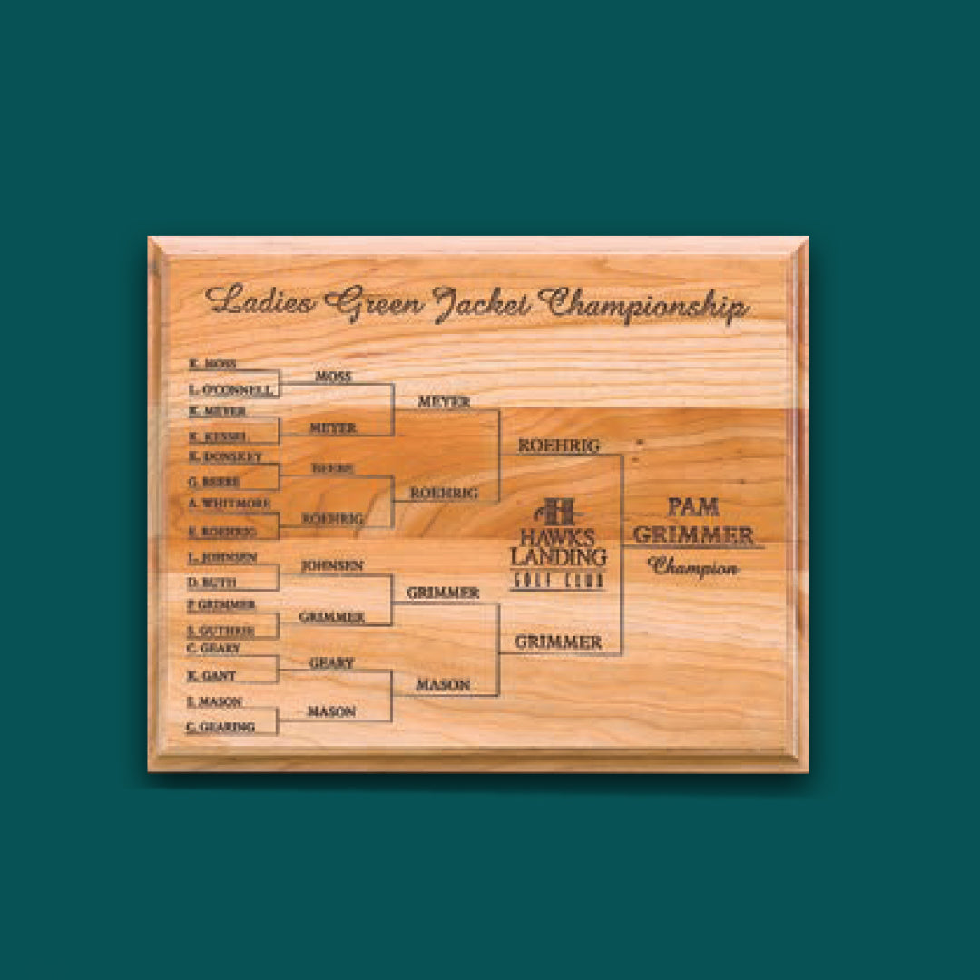 The Prize Possessions Wood Championship Plaque (8 Names Included) showcases the Ladies Green Jacket Championship bracket with matchups, winners, and Pam Grimmer Champion engraved. The Hawks Landing logo enhances this elegant award plaque.