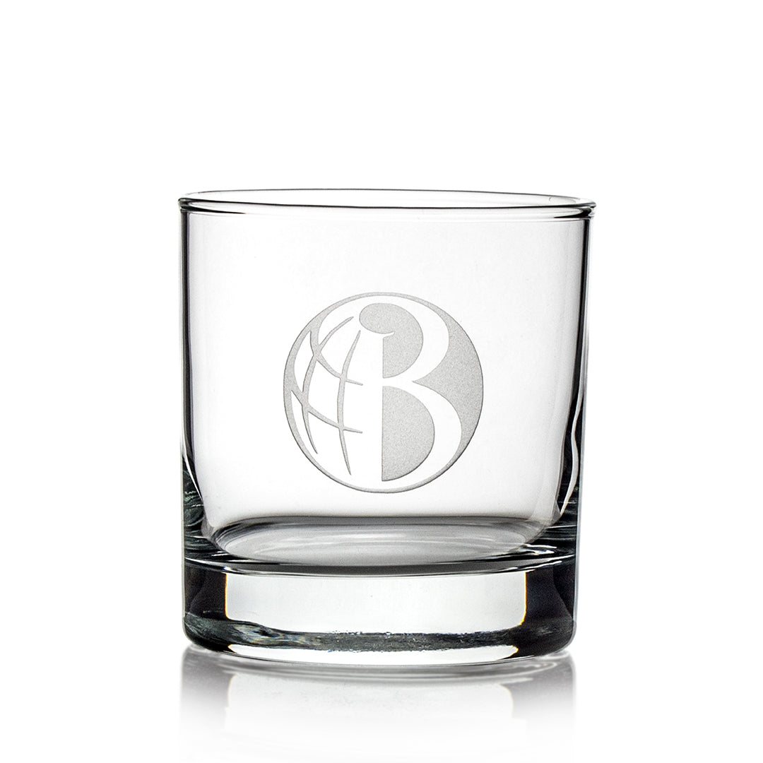 The Prize Possessions Wood DOF Box with Glass Cover (2 ea. 2022) includes clear glass tumblers with thick bases and an etched letter B inside a globe on the front, ideal for display in a collectible case or storage box against a white background.