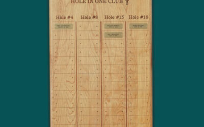 The Prize Possessions Wood Plaque features a teal background, "Hole in One Club" title, and individual name plates for recording achievements on holes #4, #8, #15, and #18. Individual plates are additional.