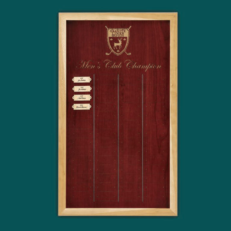 The Prize Possessions Wood Plaque with Alder Border features a decorative crest, "Men’s Club Champion" text, and four engraved nameplates on dark red wood. Three empty columns allow for customizable engraving. Individual plates available.