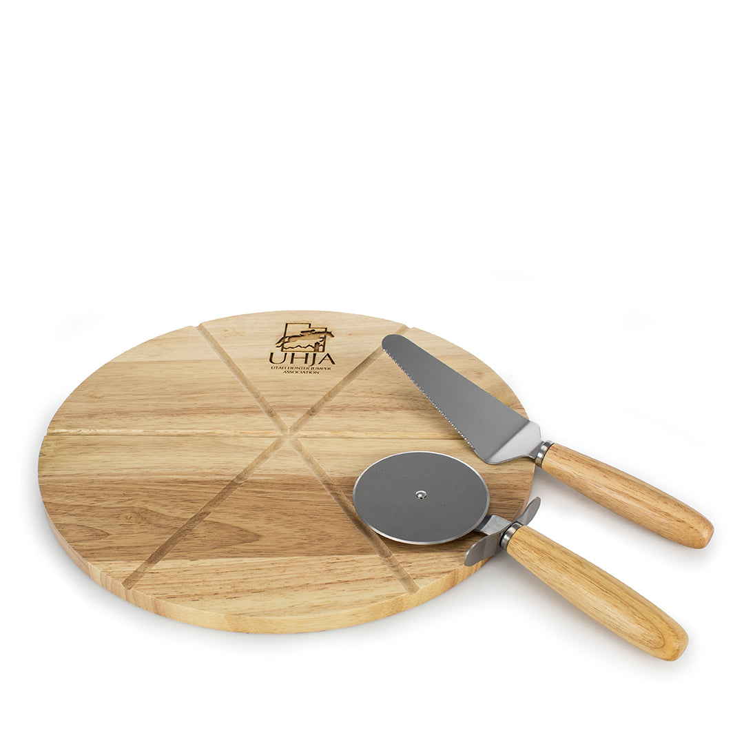 The Prize Possessions Wooden Pizza Board with Utensils features triangular grooves, plus a pizza cutter and serving knife with wooden handles—making it the perfect addition to your kitchen.
