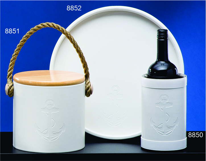 White Anchor Ice Bucket With Wooden Lid, Wooden Ice Bucket With Lid